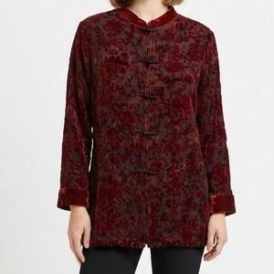 Yi Lin Burnout Velvet Sheer Jacket Womens L Red Silk Blend Frog Toggle Mandarin